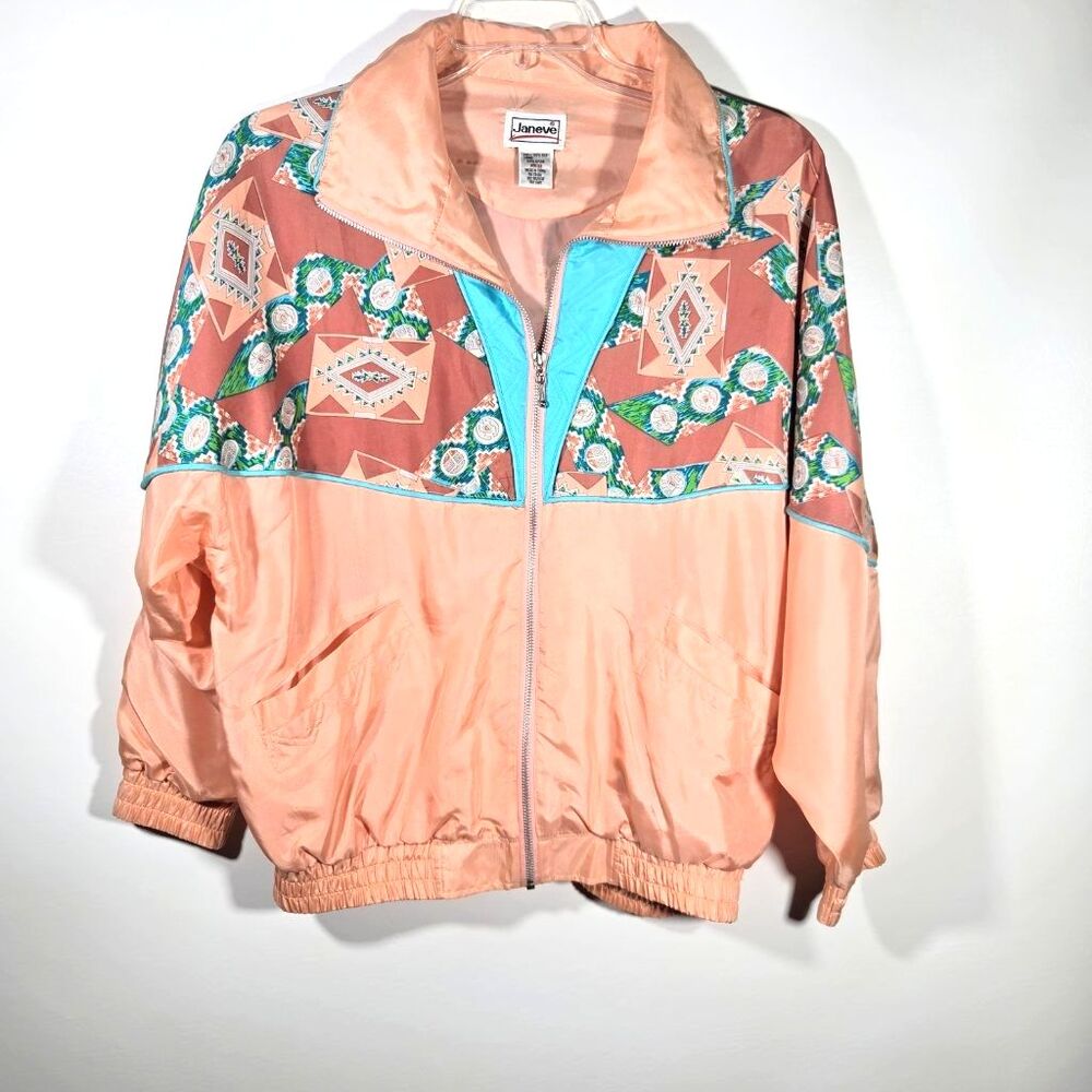 Vintage Janeve 90s Silk Windbreaker Jacket Peach Aztec Southwest Full Zip M